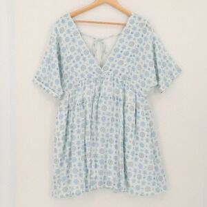 HERSY Floral Linen Blend Babydoll Mini Dress Womens Size S Blue Boho Cottage